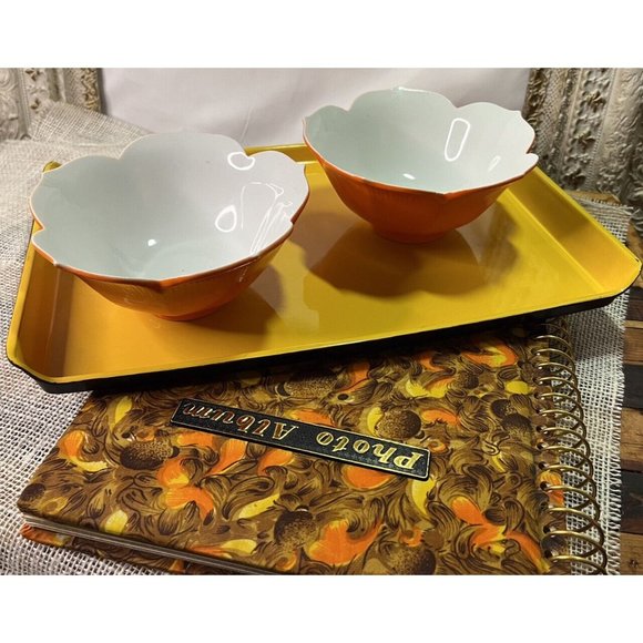 2 Vtg Orange/White Lotus Rice Bowls & Vtg Two-Tone Melamine Snack Tray Japan - Picture 1 of 7